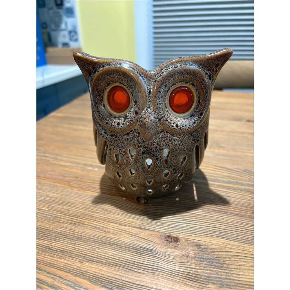 Vintage PartyLite Brown Speckled Ceramic Owl Votive Holder